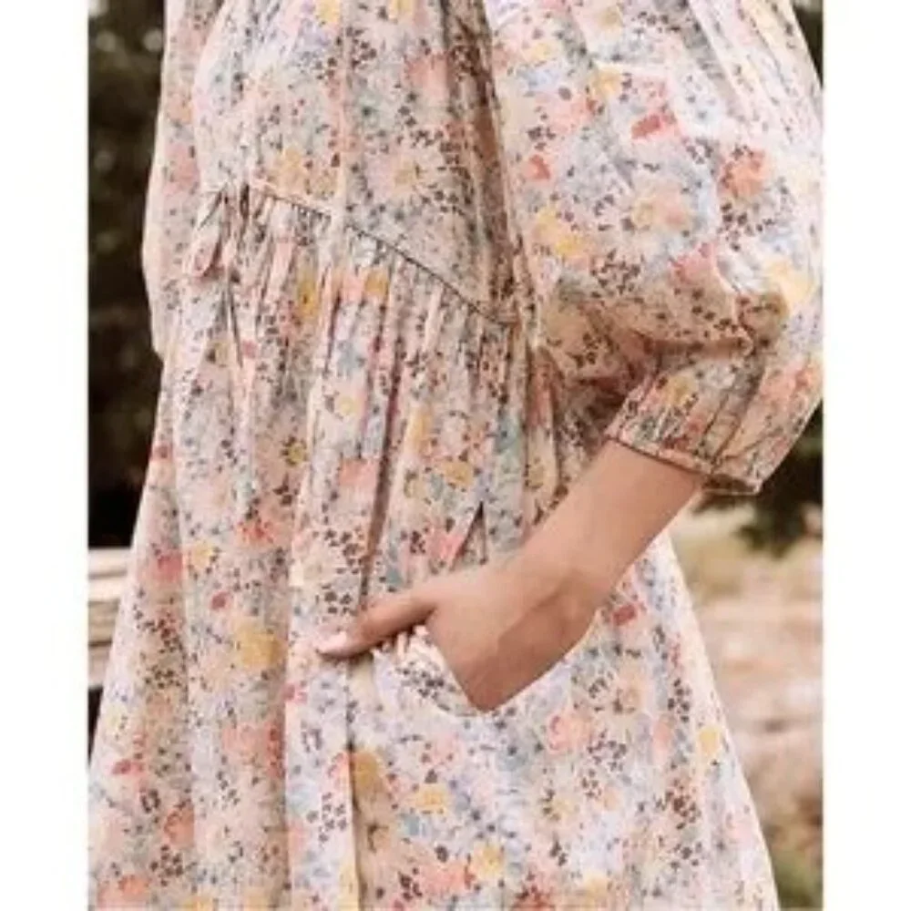 THE GREAT Floral Bonnet Midi Cotton Dress Spring Bloom Pockets Medium Like New